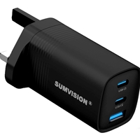SUMVISION Universal 3 Port USB Black Laptop Wall Charger, 65W, GaN, Multiport USB Connections with Type-C, USB-A QC 3.0 Fast Charge & USB-A, Includes UK Plug, Suitable for USB-C Laptop Charging, UK Design and Free UK Tech Support