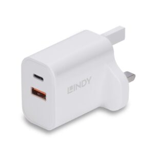 LINDY 73425 30W USB Type A & C Charger UK Plug, 3A, Power Delivery 3.0 + PPS, 2 Output Connectors (USB, 24 pin USB-C), White - Image 3