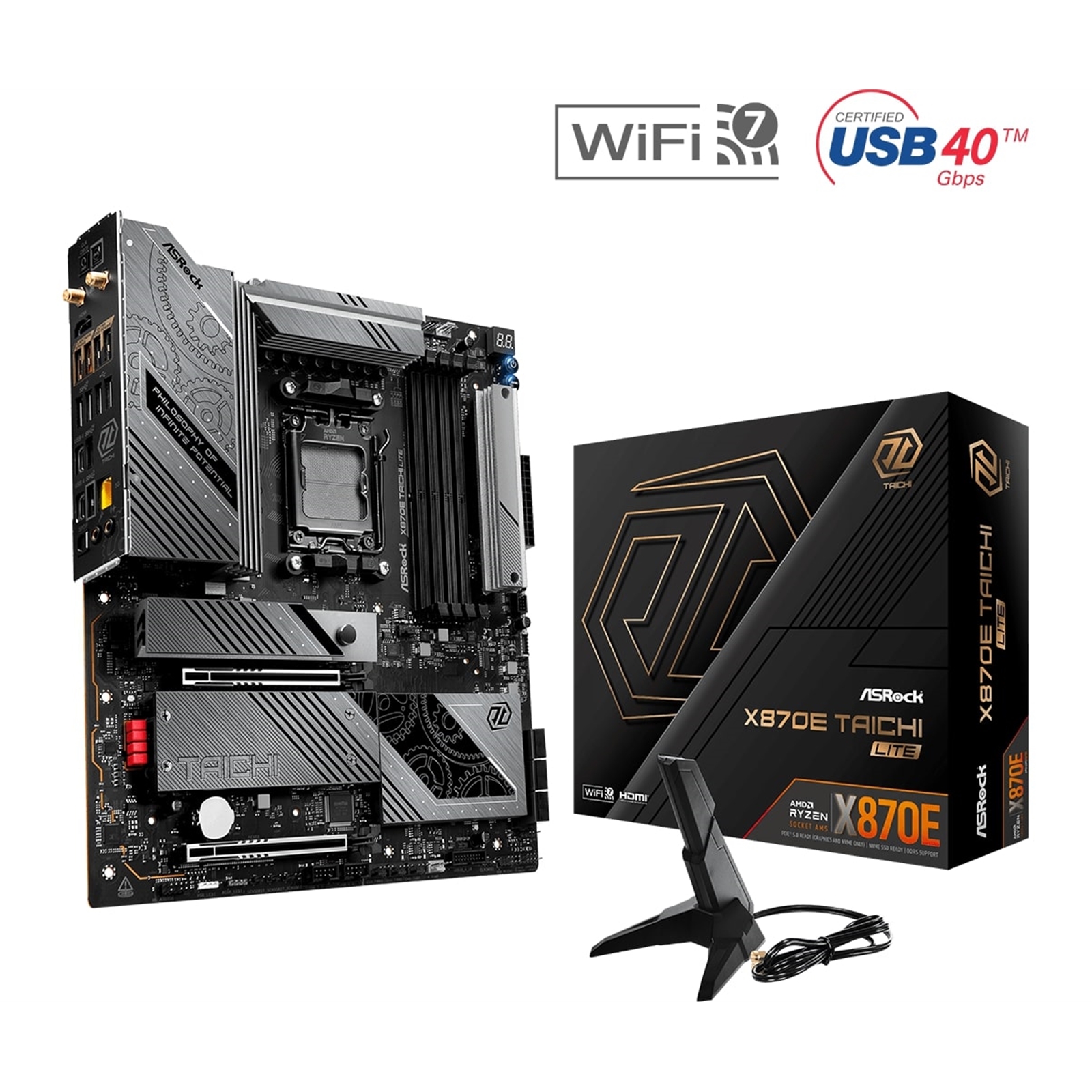 ASRock X870E TAICHI LITE AMD AM5 Socket Motherboard, E-ATX, 4x DDR5 Slots, 4x M.2 Sockets, 3x USB-C Port, Fitted I/O Shield, 5GbE LAN, Wi-Fi 7, 1x HDMI Port / 2x USB-C (USB4) - Image 3