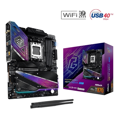Asrock PHANTOM GAMING X870 Nova WiFi AMD Socket AM5 Motherboard, 4 x DDR5 DIMM Slots, 1 x Vertical M.2 Socket, 2 x USB4 Type-C, 5G LAN, 802.11be Wi-Fi 7 Module, 1 x HDMI Port - Image 2