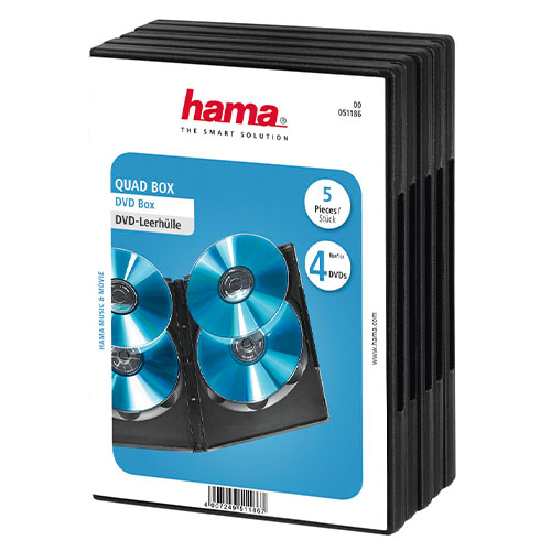 Hama Quad Box DVD/Blu-Ray Jewel Cases, 4 Discs per case, 5 pack, Black