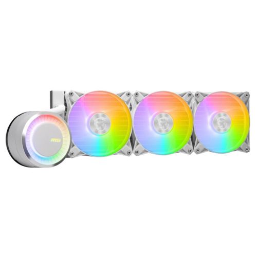 MSI MAG CORELIQUID E360 360mm Liquid CPU Cooler, 3x ARGB PWM Fans, Rotatable ARGB Blockhead, White