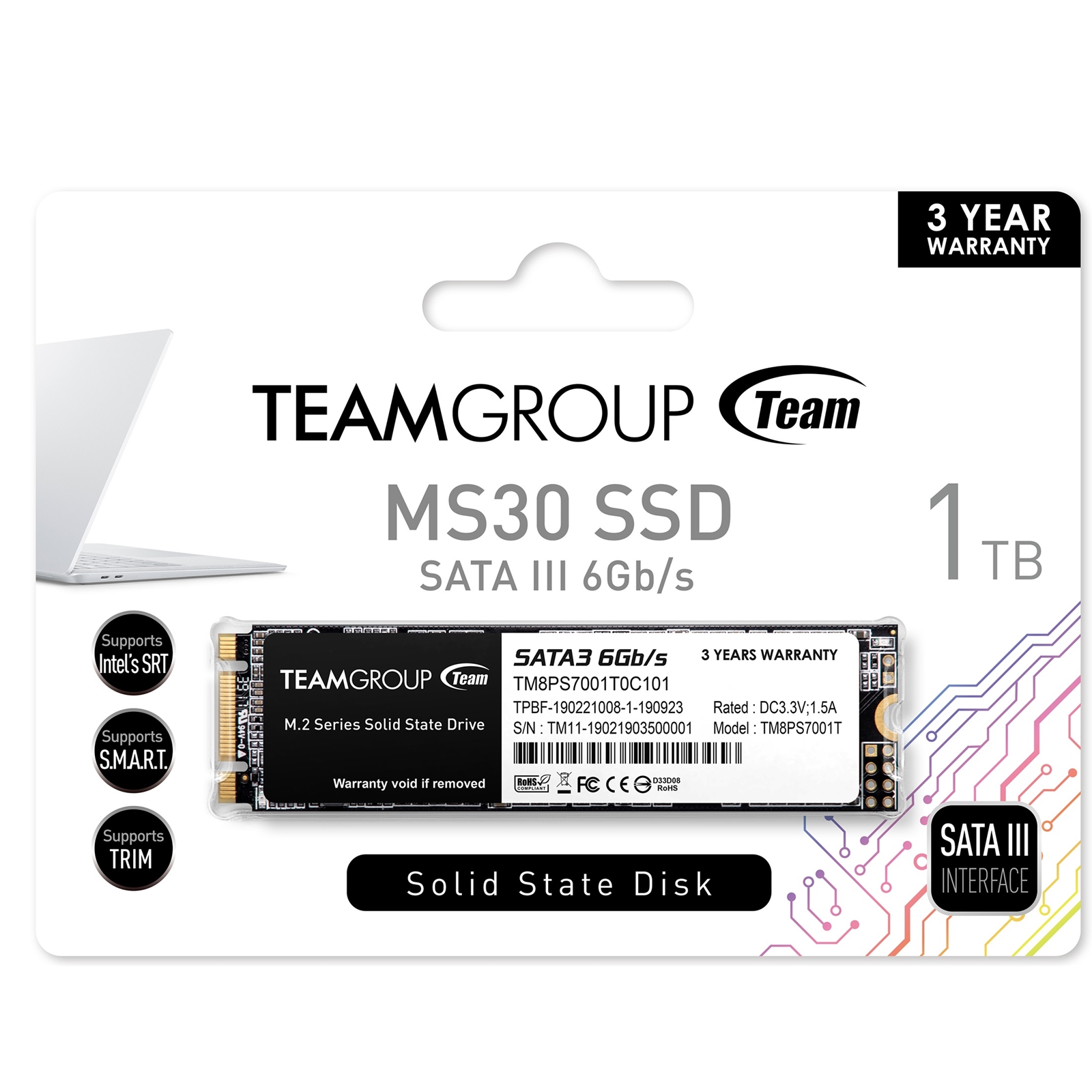 Team MS30 (TM8PS7001T0C101) 1TB, M.2 Sata Interface, PCIe Gen3, Read 530MB/s, Write 480MB/s, 3 Year Warranty - Image 3