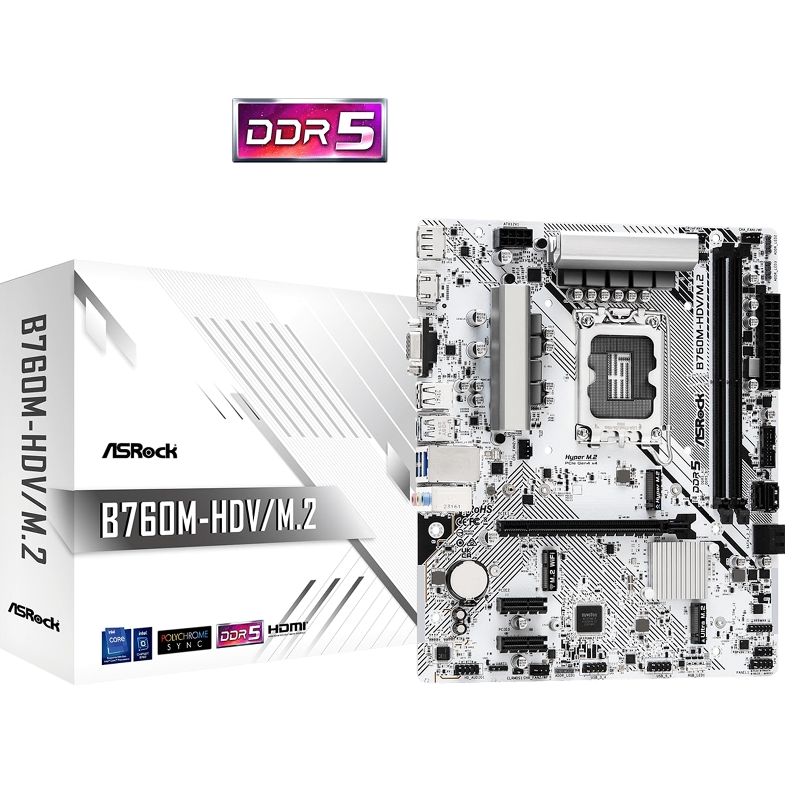 ASRock B760M-HDV/M.2 Intel 1700 Socket Motherboard, Micro-ATX, 2x DDR5 Slots, 3x M.2 Sockets, 1x USB-C Port, 2.5GbE LAN, 1x D-Sub / 1x DisplayPort / 1x HDMI Port - Image 3