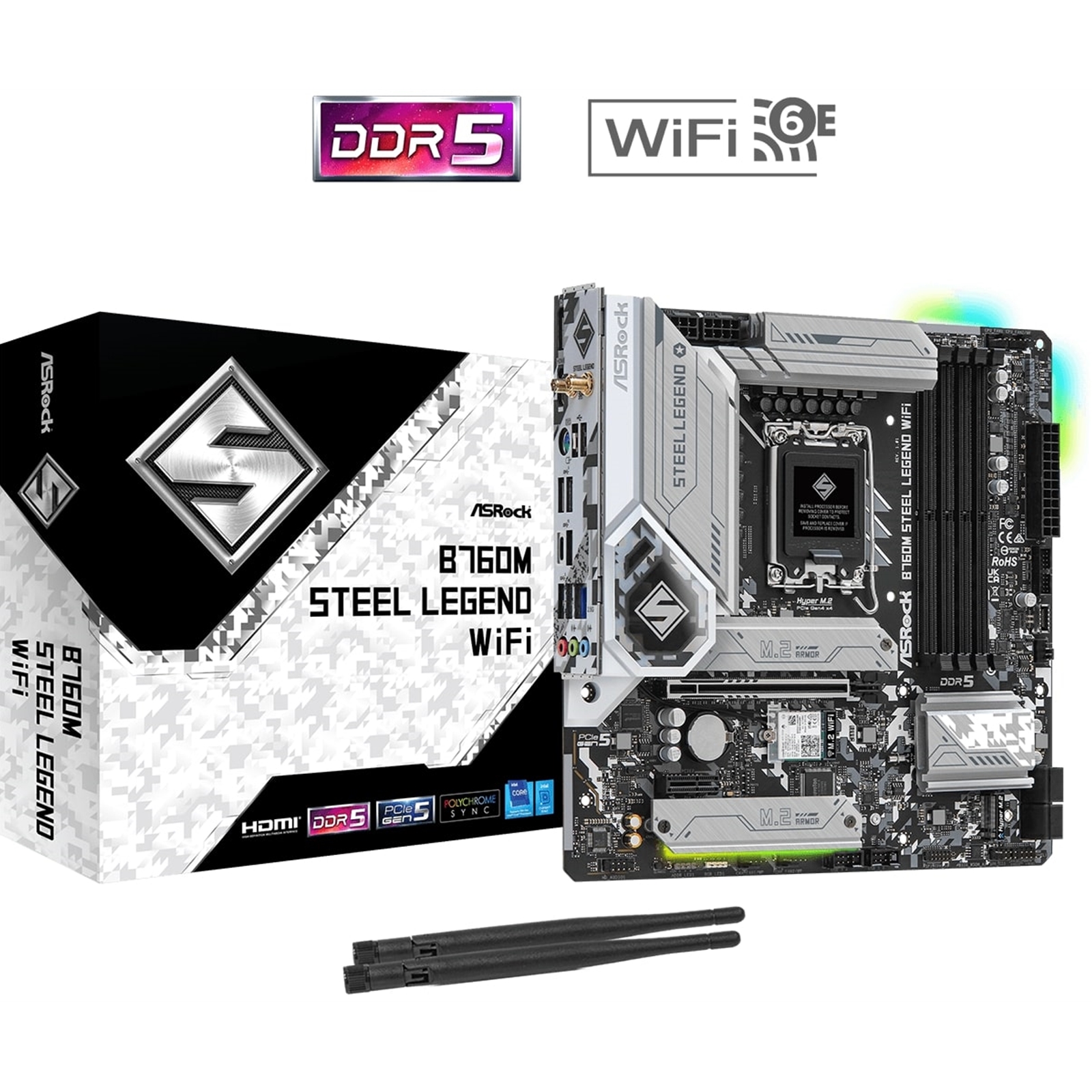 ASRock B760M Steel Legend WiFi Intel 1700 Socket Motherboard, Micro-ATX, 4x DDR5 Slots, 3x M.2 Sockets, Fitted I/O Shield, 2.5GbE LAN, Wi-Fi 6E, 1x DisplayPort / 1x HDMI Port - Image 3