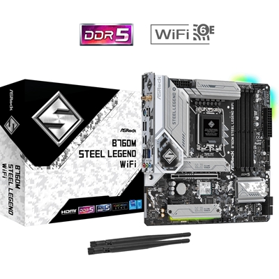ASRock B760M Steel Legend WiFi Intel 1700 Socket Motherboard, Micro-ATX, 4x DDR5 Slots, 3x M.2 Sockets, Fitted I/O Shield, 2.5GbE LAN, Wi-Fi 6E, 1x DisplayPort / 1x HDMI Port - Image 2