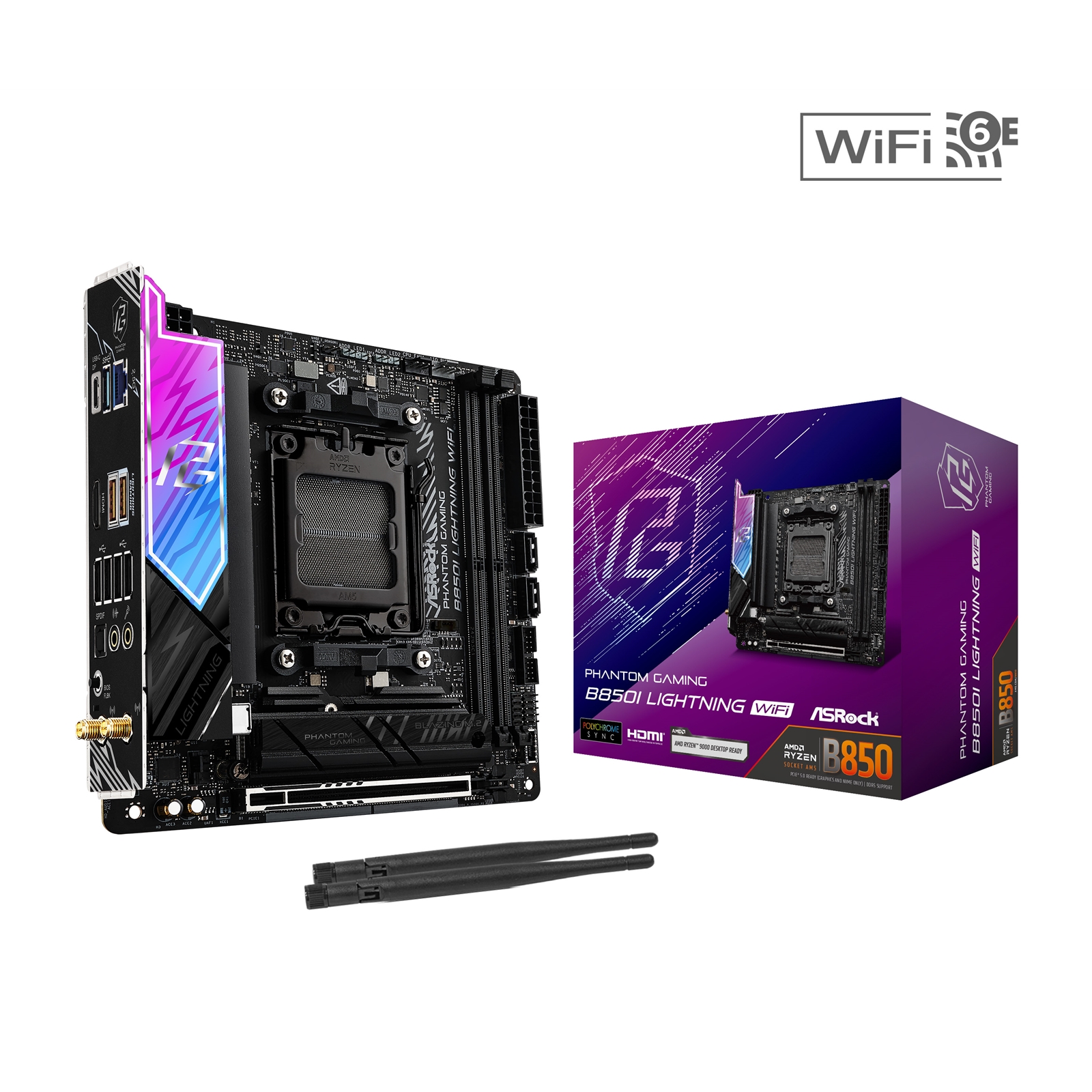 ASRock B850I Lightning WiFi PHANTOM GAMING AMD AM5 Socket Motherboard, Mini-ITX, 2x DDR5 Slots, 2x M.2 Sockets, 2x USB-C Port, Fitted I/O Shield, 2.5GbE LAN, Wi-Fi 6E, 1x HDMI Port / 1x USB-C - Image 3