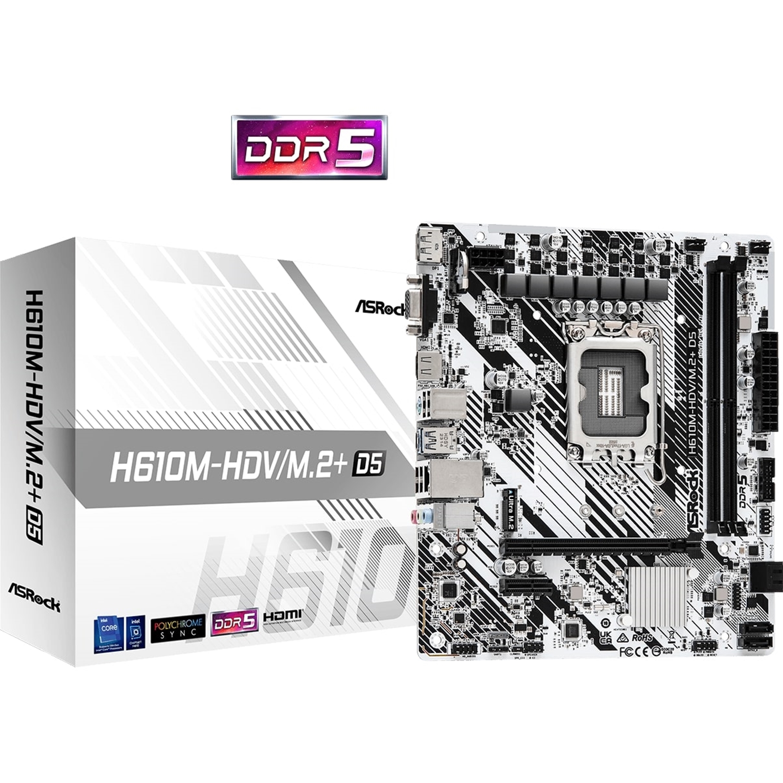 ASRock H610M-HDV/M.2+ D5 Intel 1700 Socket Motherboard, Micro-ATX, 2x DDR5 Slots, 1x M.2 Socket, 1x USB-C Port, GbE LAN, 1x D-Sub / 1x DisplayPort / 1x HDMI Port - Image 3