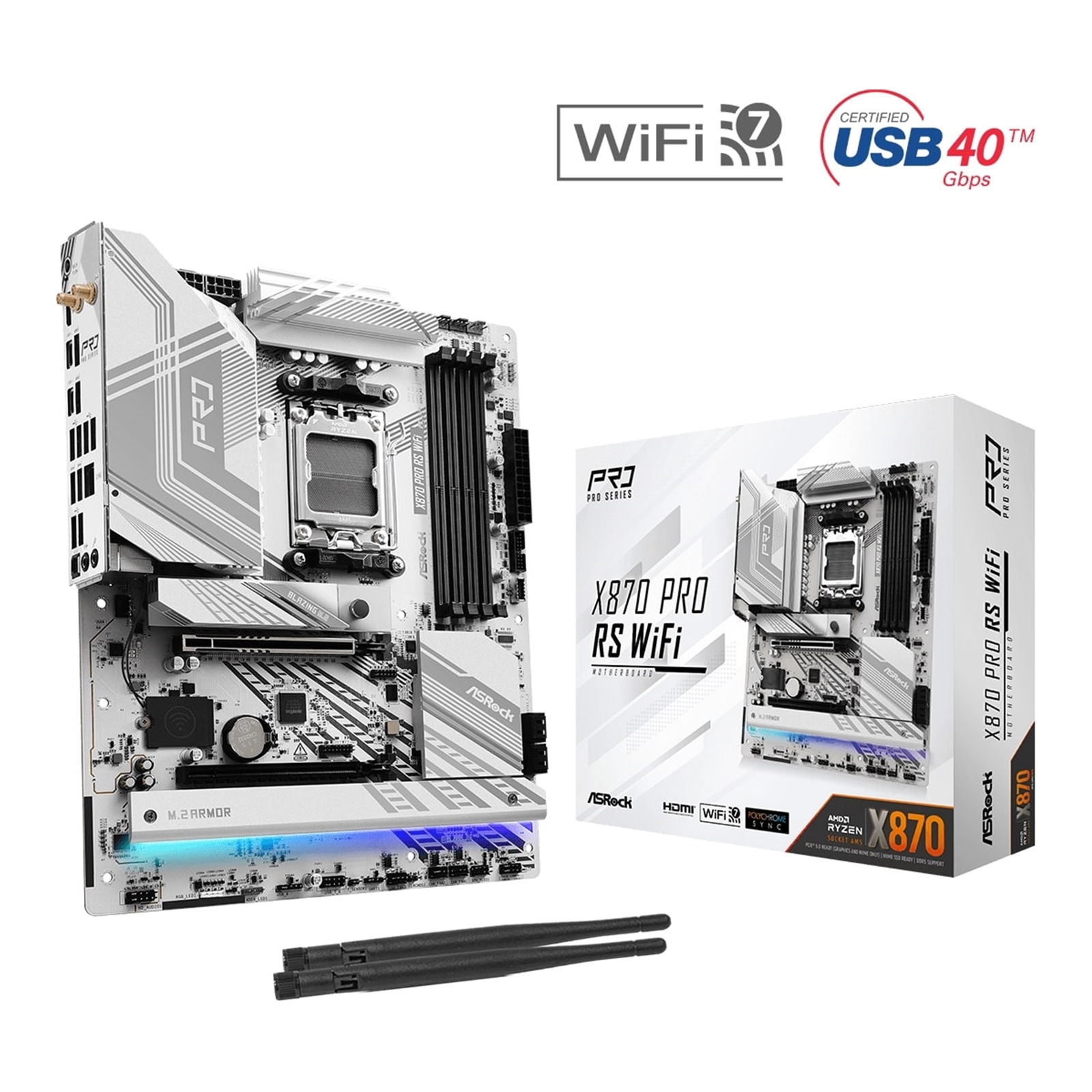 ASRock X870 PRO RS WIFI AMD AM5 Socket Motherboard, ATX, 4x DDR5 Slots, 3x M.2 Sockets, 3x USB-C Port, Fitted I/O Shield, 2.5GbE LAN, Wi-Fi 7, 1x HDMI Port / 2x USB-C (USB4) - Image 3