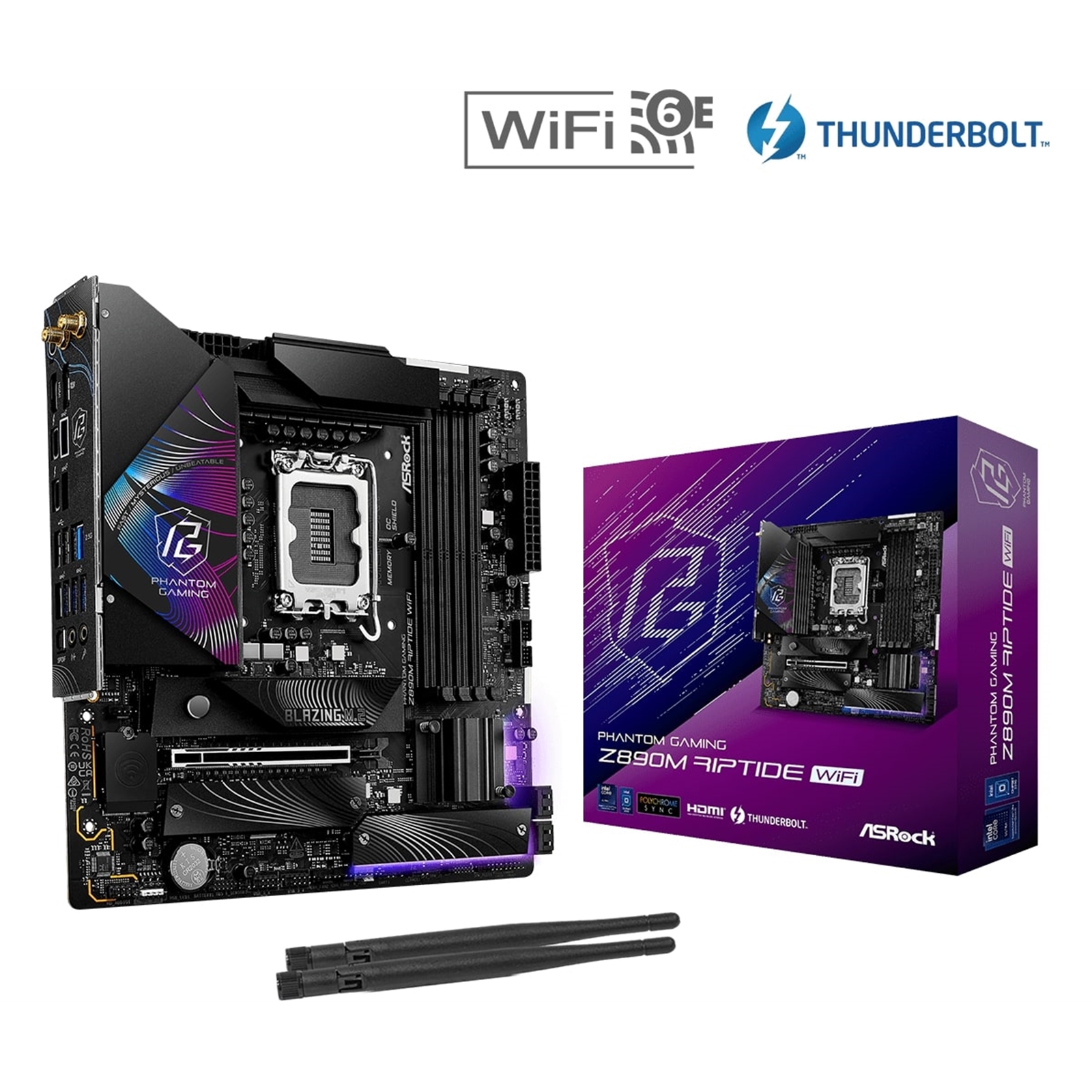 ASRock Z890M RIPTIDE WIFI PHANTOM GAMING Intel 1851 Socket Motherboard, Micro-ATX, 4x DDR5 Slots, 3x M.2 Sockets, 2x USB-C Port, Fitted I/O Shield, 2.5GbE LAN, Wi-Fi 6E, 1x DisplayPort / 1x HDMI / 2x USB-C (USB4) - Image 3