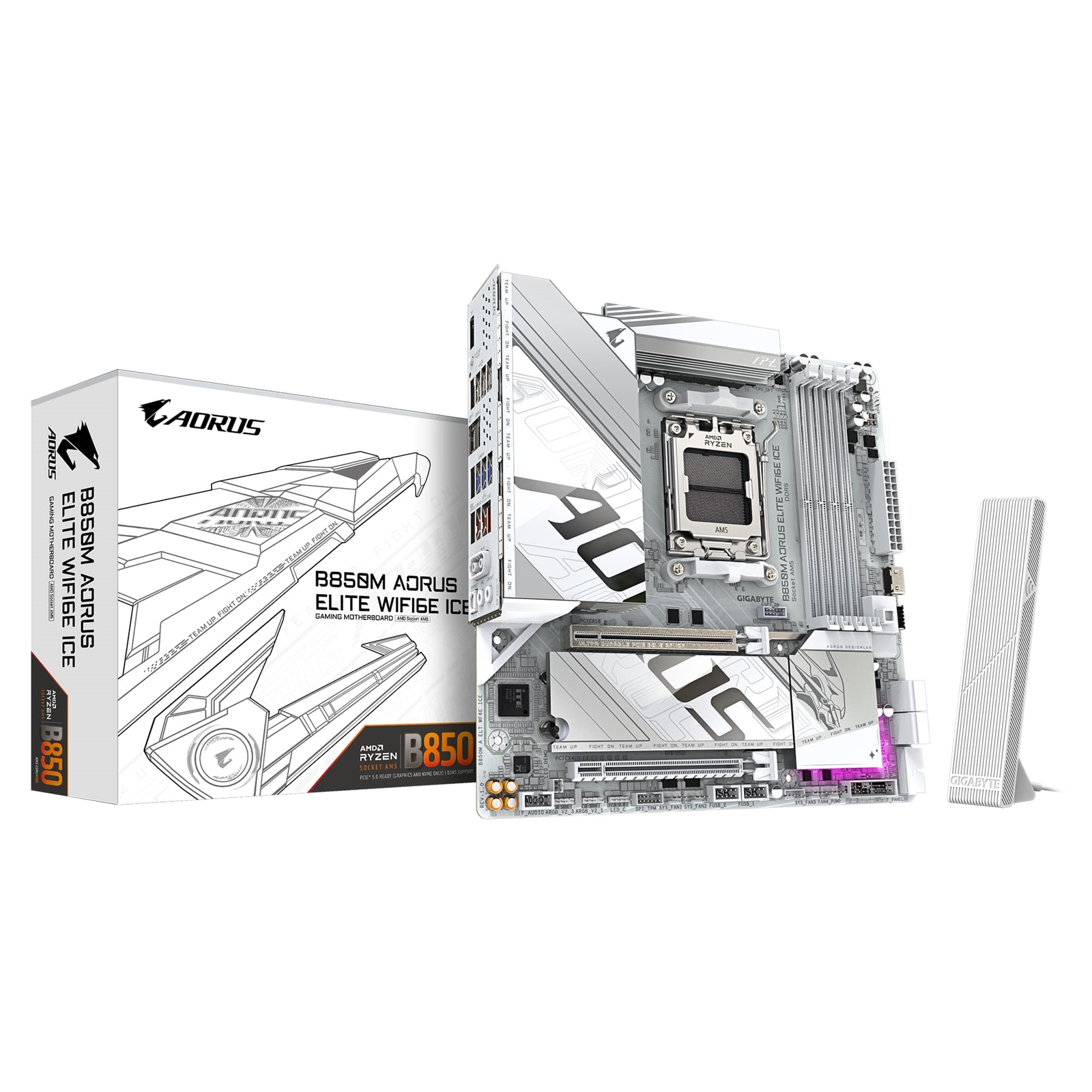 Gigabyte B850M AORUS ELITE WIFI6E ICE AMD AM5 Socket Motherboard, Micro-ATX, 4x DDR5 Slots, 2x M.2 Sockets, 2x USB-C Port, Fitted I/O Shield, 2.5GbE LAN, Wi-Fi 6E, 1x DisplayPort / 1x HDMI Port - Image 3
