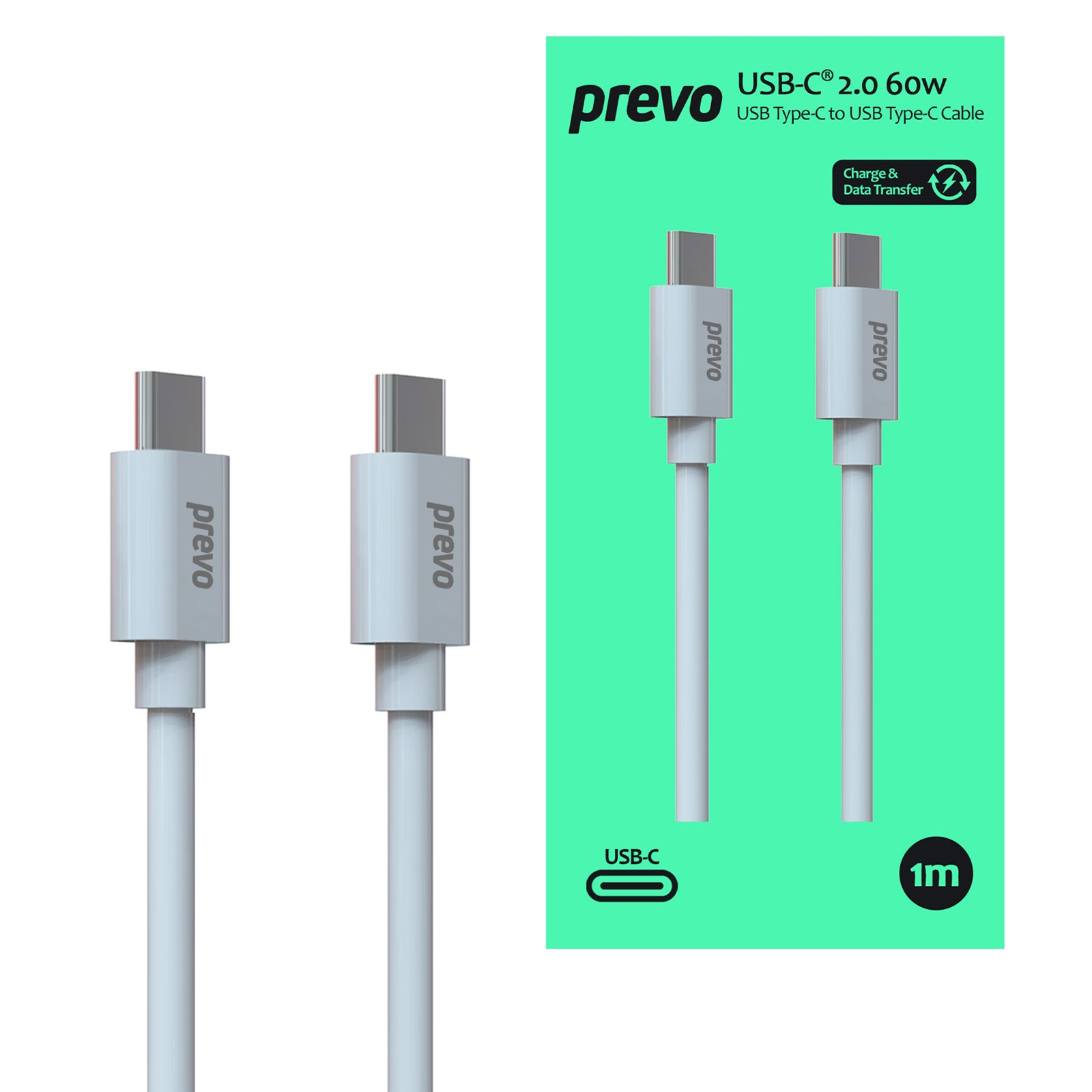 Prevo USB 2.0 60W C to C PVC cable, 20V/3A, 480Mbps, White, Superior Design & Performance, Retail Box Packaging - Image 3