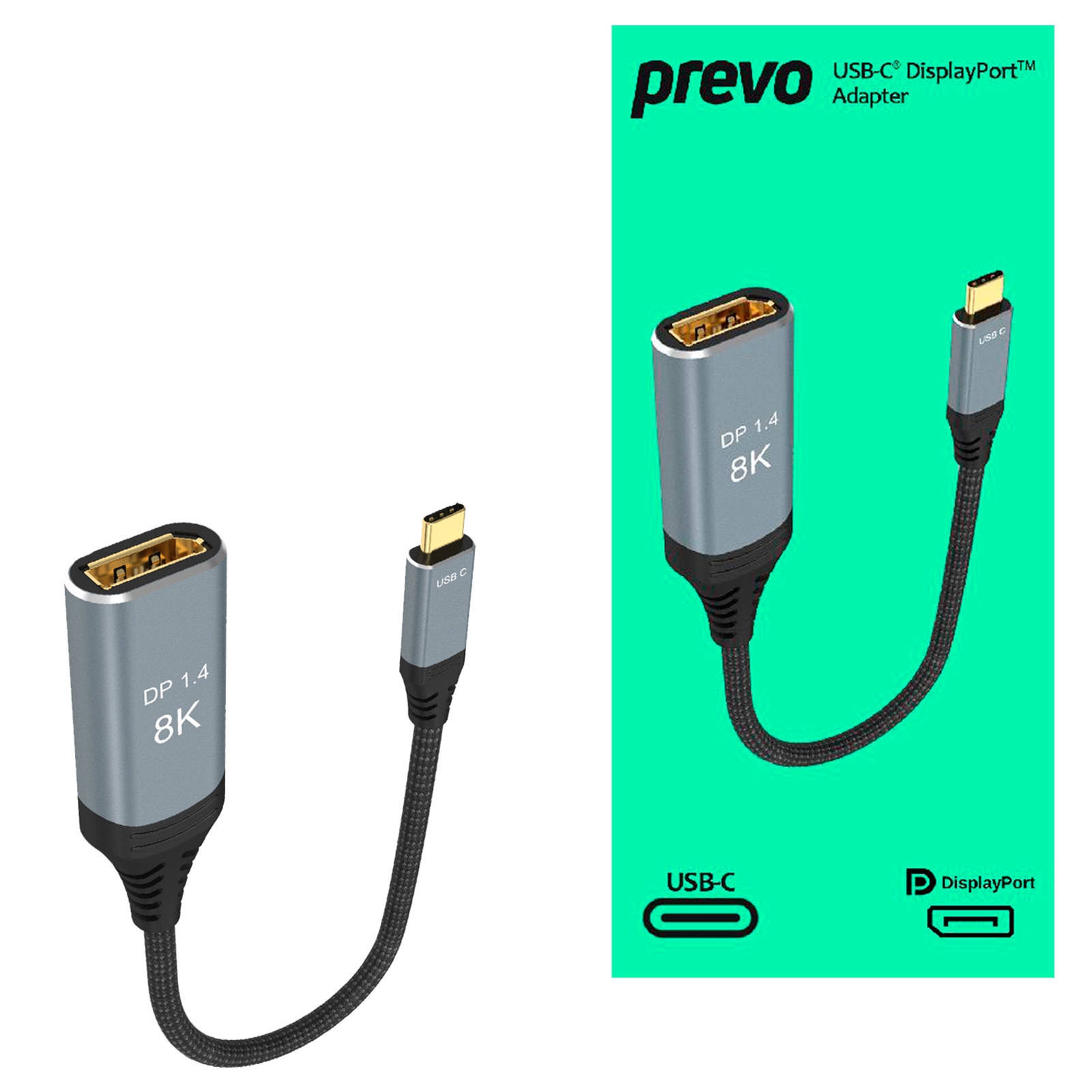 Prevo USBC-DP-ADA Display Converter Adapter, USB Type-C (M) to DisplayPort (F), 0.2m, Black & Silver, DisplayPort 1.4, Supports up to 8K@30Hz, Braided Cable, Retail Box Packaging - Image 3