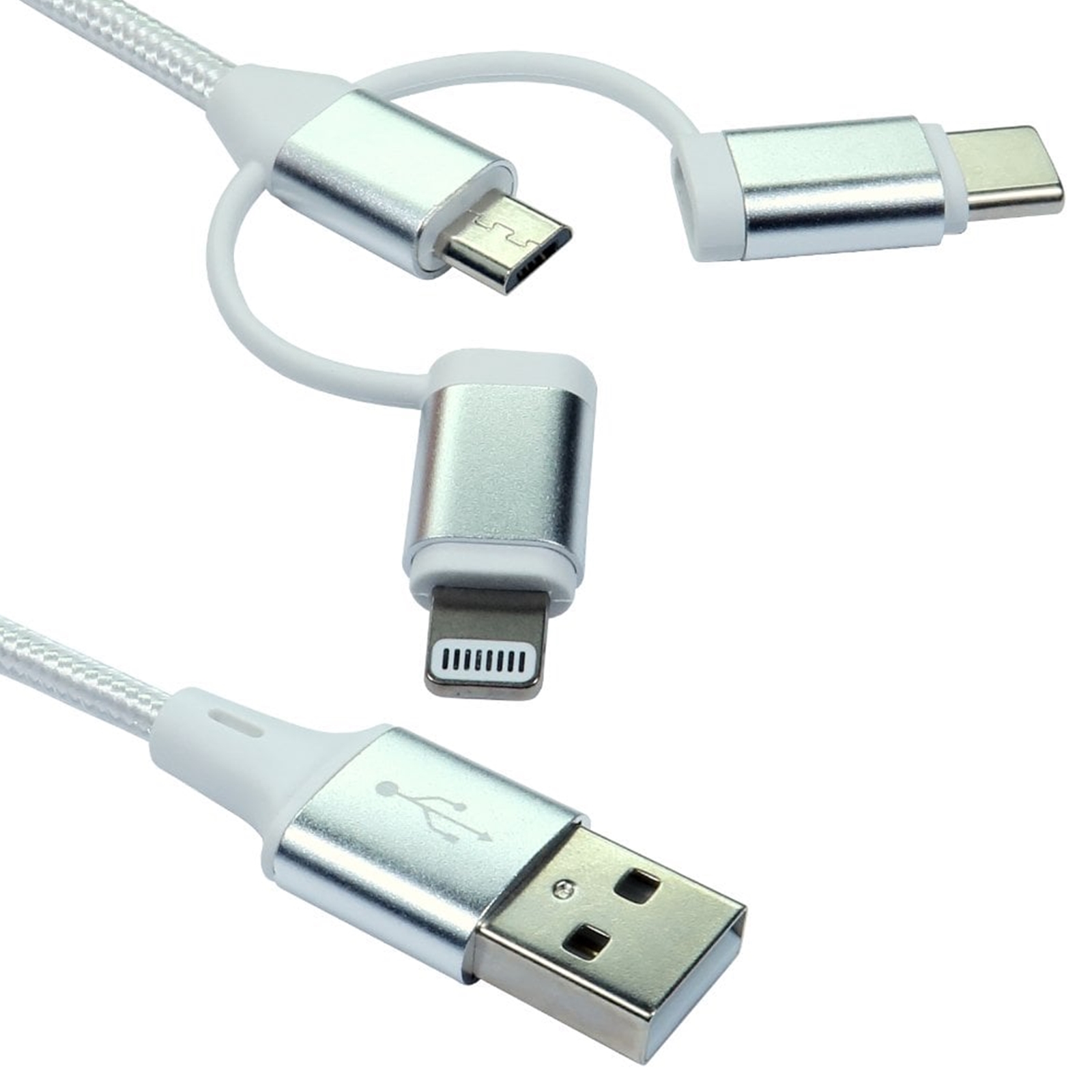 NEWlink 1.2m 3-in-1 USB Charging Cable, USB-A To USB Micro, USB-A To USB-C, USB-A to Lightning - White - Image 3