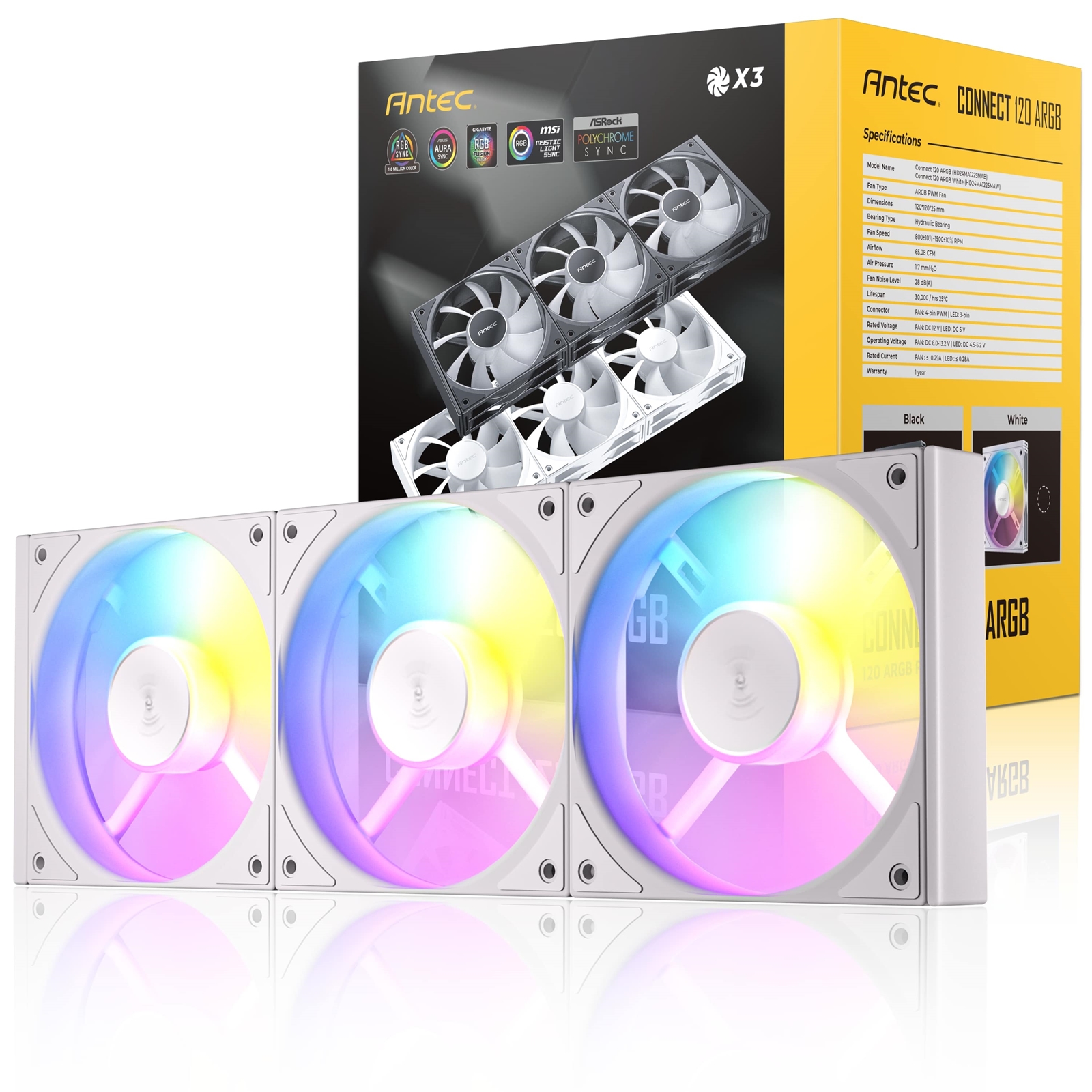 Antec Connect 120 White ARGB 3-Pack 120mm PWM Fans with Daisy Chain Design and Vibration-Absorbing Pads - Image 3