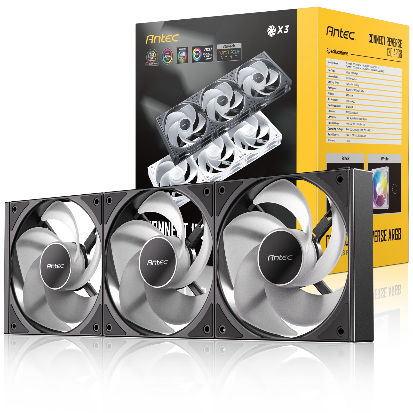 Antec Connect 120 ARGB Reverse 3-Pack 120mm PWM Fans with Daisy Chain Design and Vibration-Absorbing Pads - Image 3