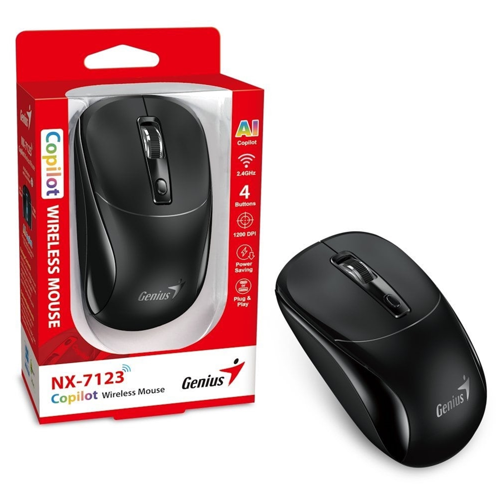 Genius NX-7123 Copilot AI Wireless Mouse, 2.4 GHz with USB Receiver, 1200 DPI, 4 Button with Scroll Wheel, Ambidextrous Design, Black - Image 3