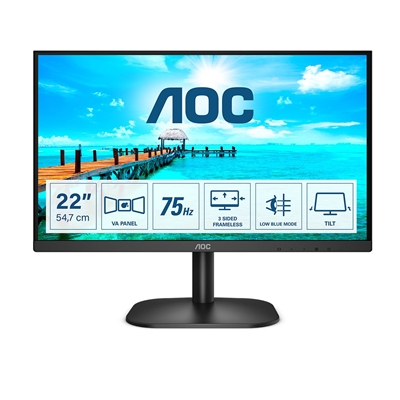AOC 22B2H/EU 21.5 Inch Frameless Monitor, Full HD, Widescreen, VGA, HDMI, 4ms, 75Hz, VESA, Tilt - Image 2