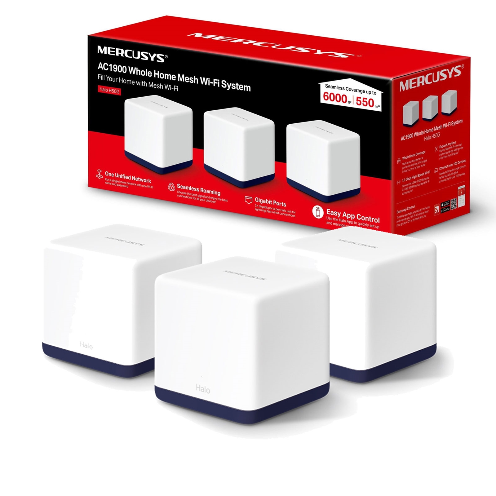 Mercusys Halo H50G (3-pack) AC1900 Whole Home Mesh Wi-Fi System, 600 Mbps at 2.4 GHz + 1300 Mbps at 5 GHz, 3x Internal Antennas, 3x Gigabit Ports per Unit, Halo App, One Unified Network, Seamless Roaming - Image 3