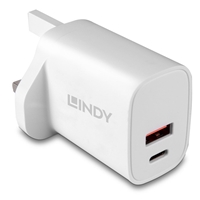 LINDY 73416 Power Adapter, USB, 24 pin USB-C, 20W, Fast Charge, Power Delivery 3.0, White