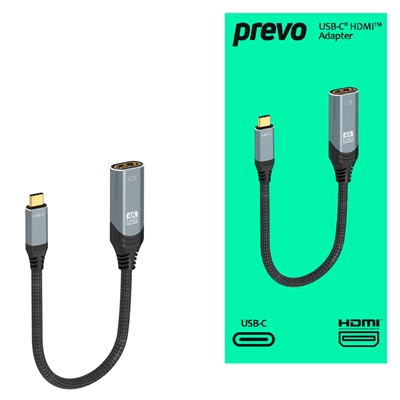 Prevo USBC-HDMI-ADA Display Converter Adapter, USB Type-C (M) to HDMI (F), 0.2m, Black & Silver, HDMI 2.0, Supports up to 4K@60Hz, Braided Cable, Retail Box Packaging - Image 2