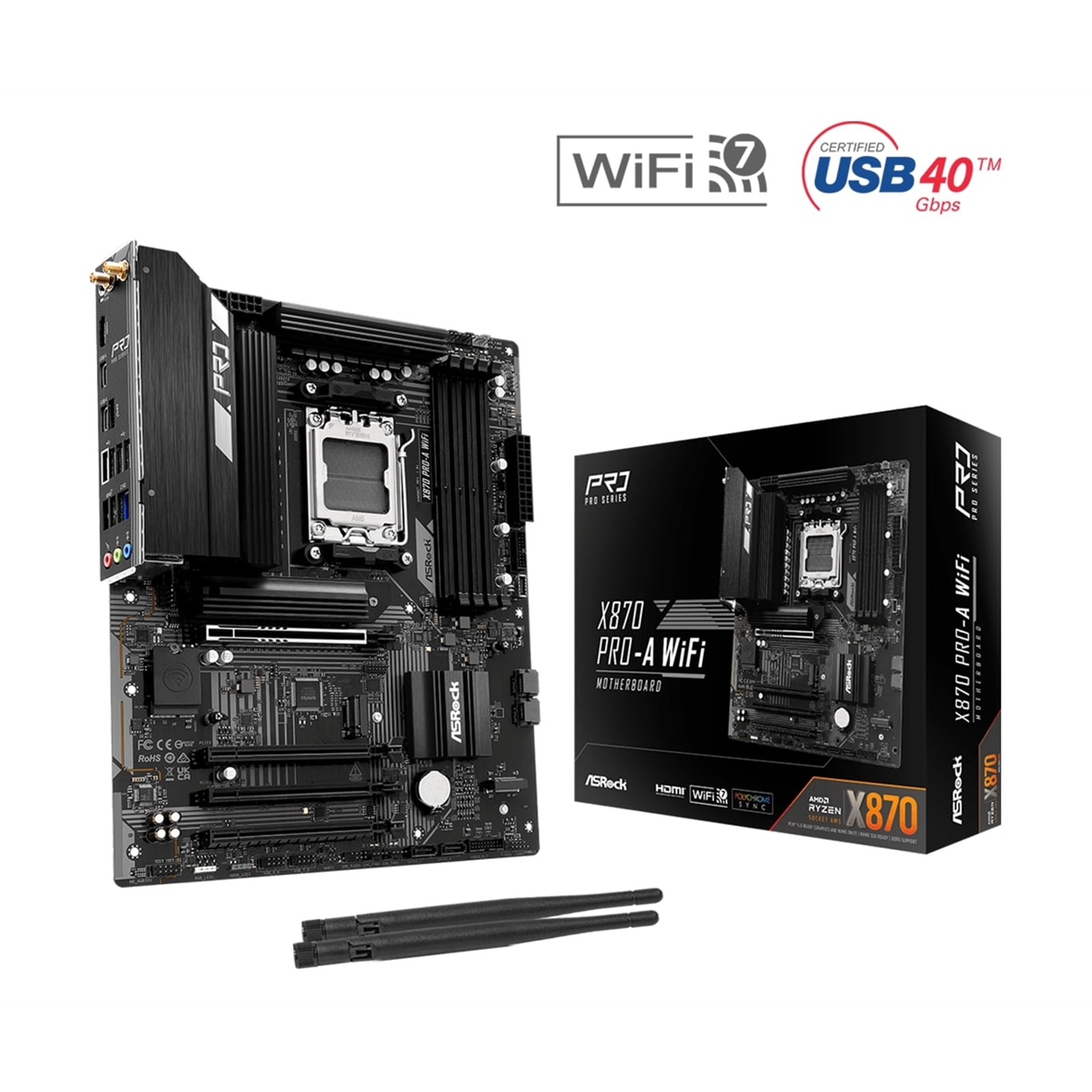 ASRock X870 Pro-A WiFi AMD AM5 Socket Motherboard, 4 x DDR5 Slots, 3x M.2 Socket, 2.5GbE LAN, Wi-Fi 7, 1x HDMI Port / 2x USB-C (USB4) - Image 3