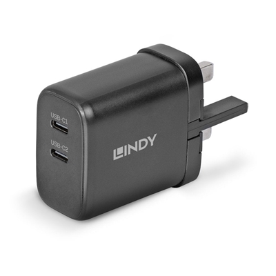 Lindy 65W USB 2 x Type C Charger, Input UK Plug, Output 2 x USB Type C Female, Black - Image 2