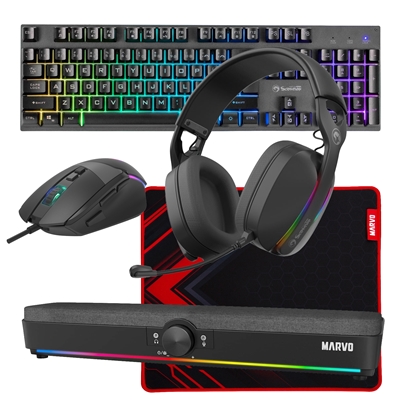 Marvo Scorpion 6-Product Gaming & Streaming Bundle featuring Gaming Keyboard, Programmable USB Mouse, Non-Slip Mousepad, PC & Console-Compatible Gaming Headset, RGB Stereo Soundbar & USB Streaming Microphone - Image 2
