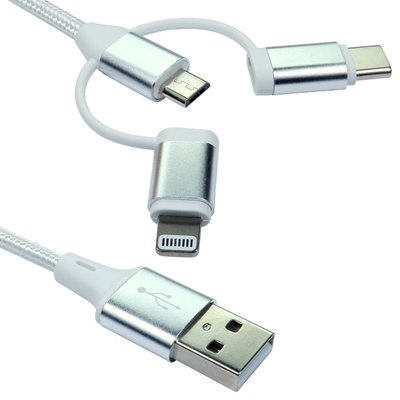 NEWlink 1.2m 3-in-1 USB Charging Cable, USB-A To USB Micro, USB-A To USB-C, USB-A to Lightning - White - Image 2