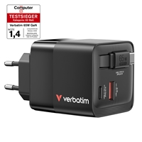 Verbatim (32217) GaN Wall Charger 65W 2 Port with Retractable Cable