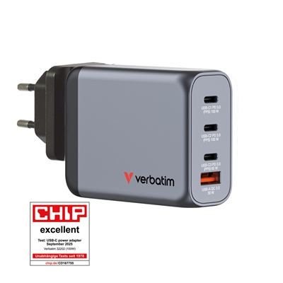 Verbatim (32202) GNC-100 GaN Charger 100W with 2 x USB-C PD 100W / 1 x USB-C PD 65W / 1 x USB-A QC 3.0 (EU/UK/US) - Image 2