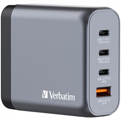 Verbatim (32203) GNC-140 GaN Charger 140W with 2 x USB-C PD 140W / 1 x USB-C PD 20W / 1 x USB-A QC 3.0 (EU/UK/US) - Image 2