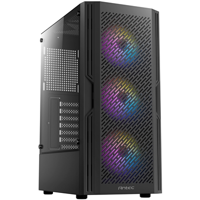 Antec AX20 Case, Black, Mid Tower, 1 x USB 3.0 / 2 x USB 2.0, Tempered Glass Side Window Panel, Slanted Bar & Mesh Design for Massive Airflow, 3 x Pre-Installed RGB LED Fans, ATX, Micro ATX, Mini-ITX Compatible - Image 2