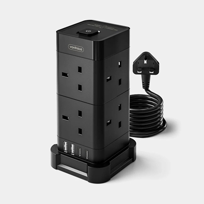 VonHaus Tower Extension Lead with USB, Power Surge Protection 2M Cable Black, 8 x UK Mains Sockets, Three-Pin 13A Plugs, Arranged Vertically With 2 Sockets On Each Of The 4 Sides - Image 2