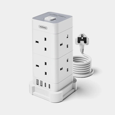 VonHaus Tower Extension Lead with USB, Power Surge Protection 2M Cable White, 8 x UK Mains Sockets, Three-Pin 13A Plugs, Arranged Vertically With 2 Sockets On Each Of The 4 Sides - Image 2