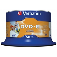 Verbatim DVD-R 16X 4.7GB 50 Pack Spindle Wide Inkjet Printable No ID