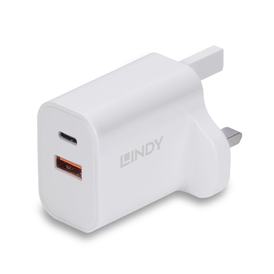 LINDY 73425 30W USB Type A & C Charger UK Plug, 3A, Power Delivery 3.0 + PPS, 2 Output Connectors (USB, 24 pin USB-C), White - Image 2