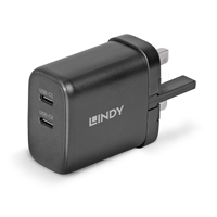 Lindy 65W USB 2 x Type C GaN Charger, Input UK Plug, Output 2 x USB Type C Female, Black