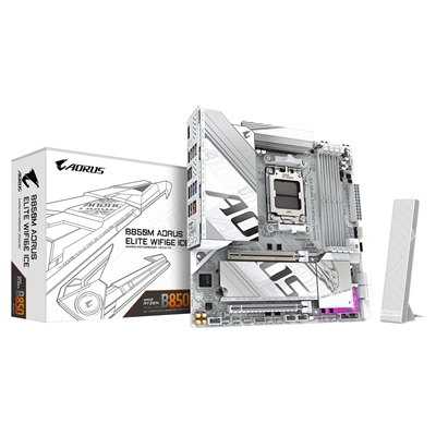 Gigabyte B850M AORUS ELITE WIFI6E ICE AMD AM5 Socket Motherboard, Micro-ATX, 4x DDR5 Slots, 2x M.2 Sockets, Fitted I/O Shield, 2.5GbE LAN, Wi-Fi 6E, 1x DisplayPort / 1x HDMI Port - Image 2